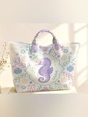 Clear PVC Tote Bag with Lavender Seahorse Print